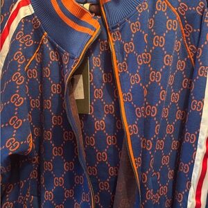 Gucci Blue & Orange GG Monogram Track Jacket with Stripe Detail